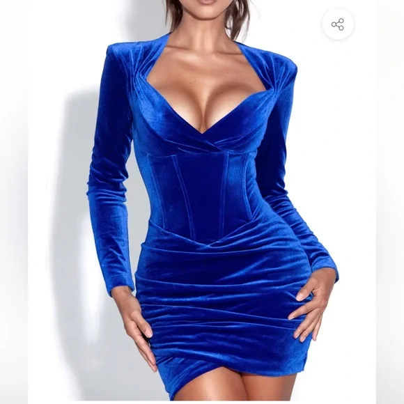 Royal Blue Long Sleeve Corset Velvet Dress NWOT Small - Picture 5 of 8